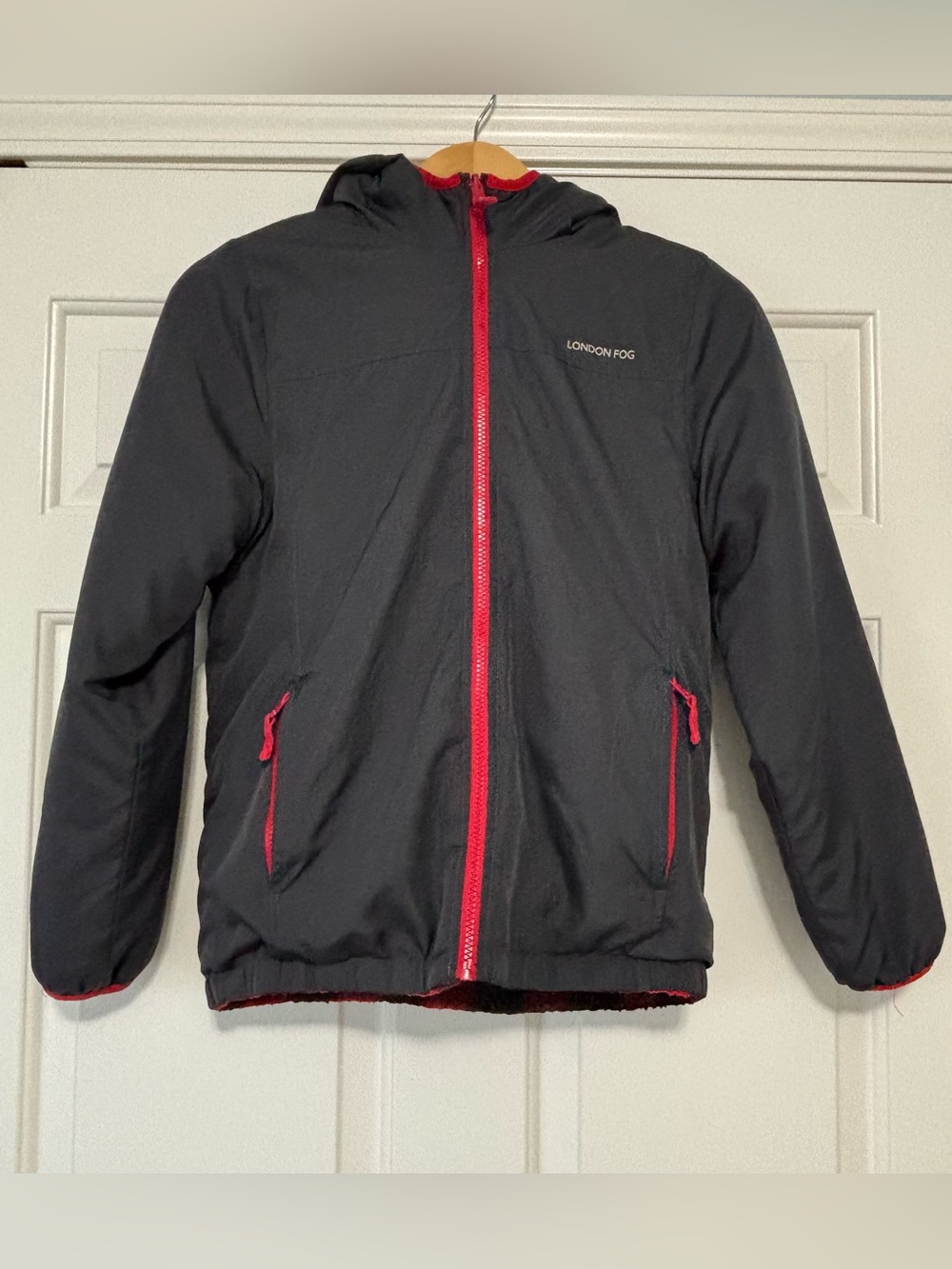 London Fog Black Hooded Puffer Jacket with Red Accents